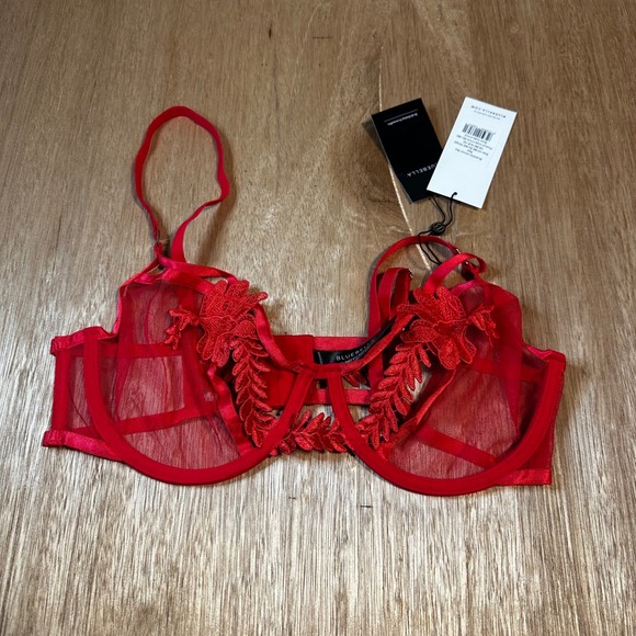 Bluebella Red Lace Trimmed Mesh Bra Thong Lingerie Set Womens Size L - Picture 4 of 12